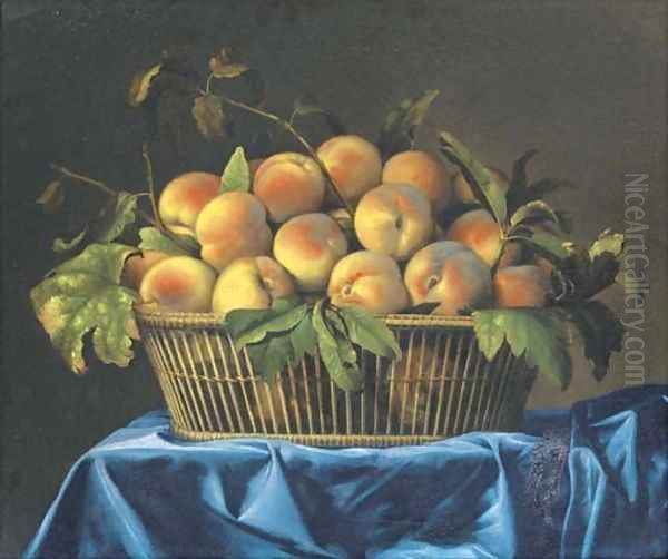 Peaches in a wicker basket on a draped table Oil Painting by Pierre Dupuis