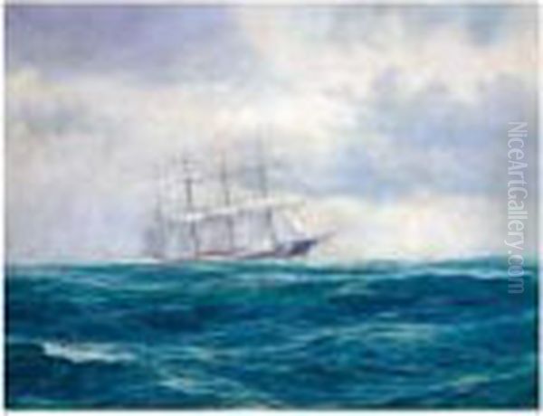 A Tallship In High Seas Oil Painting by Emilios Prosalentis