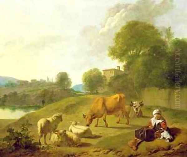 A River Landscape with Cattle Sheep and a Young Girl Playing with a Dog Oil Painting by Simon van der Does