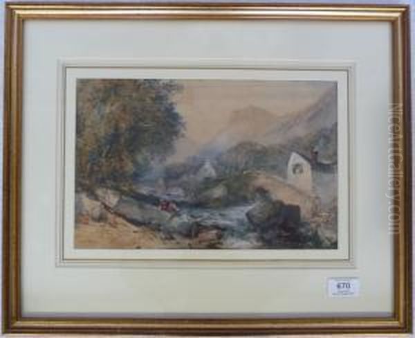 Figures Fishing,a Bridge And Cottages Nearby Oil Painting by John Skinner Prout