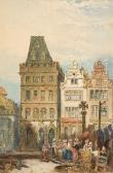 Continental Market Scene Oil Painting by John Skinner Prout