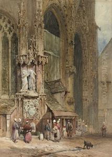 A Crowd Gathering By A Fountain Oil Painting by John Skinner Prout