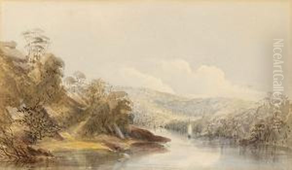 Tasmanian River Scene Oil Painting by John Skinner Prout