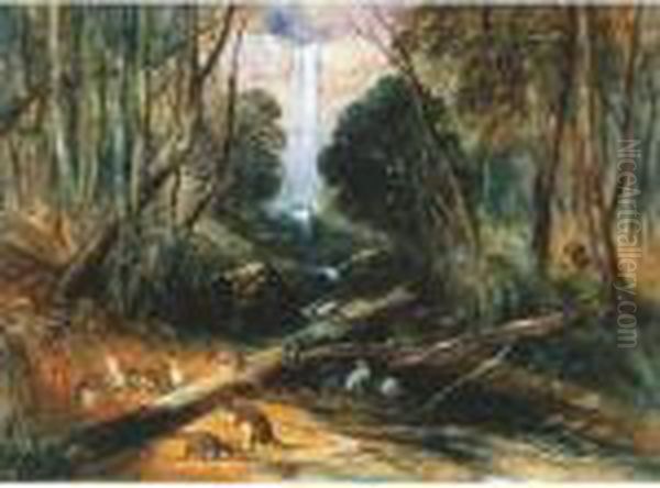 Aborigine Stalking - Willoughby Falls, New South Wales Oil Painting by John Skinner Prout