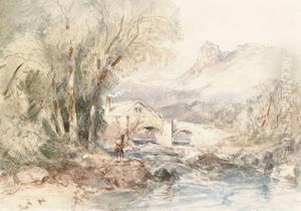 An Angler Beside A Rushing River Oil Painting by John Skinner Prout