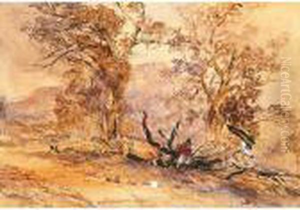 Traveller Seated On A Fallen Tree Oil Painting by John Skinner Prout