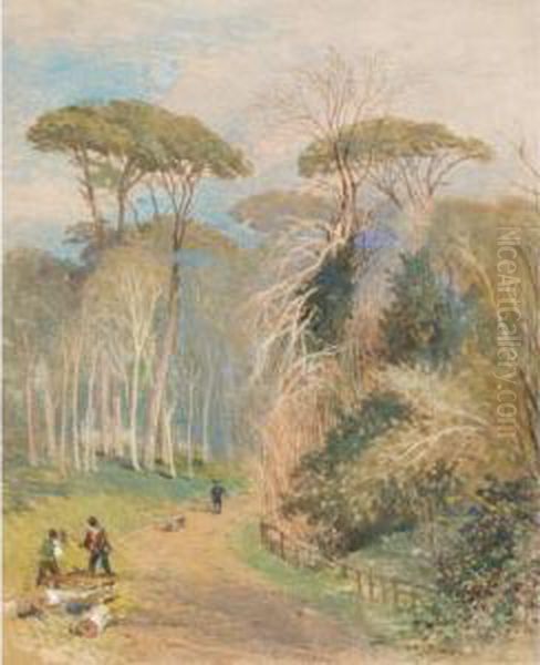 Woodcutters In An Australian Landscape Oil Painting by John Skinner Prout