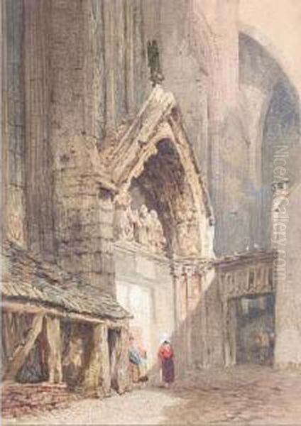 Figures By The Entrance To A Cathedral Oil Painting by John Skinner Prout