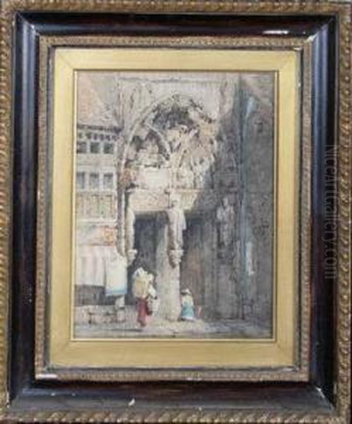 Street Vendors At An Ecclesiastical Doorway Oil Painting by Samuel Prout