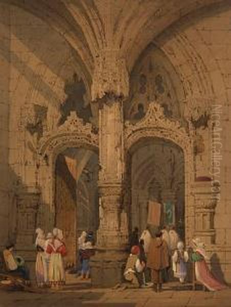 At The Door Of A Cathedral, Possiblyratisborn Oil Painting by Samuel Prout