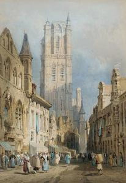 Figures Conversing In The Street In A French Cathedral Town Oil Painting by Samuel Prout