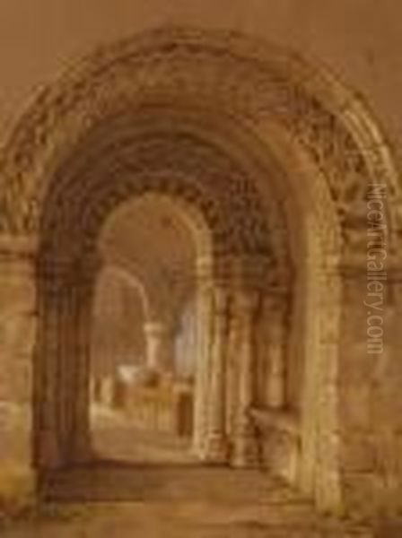 Carved Stone Monastery Archway Oil Painting by Samuel Prout