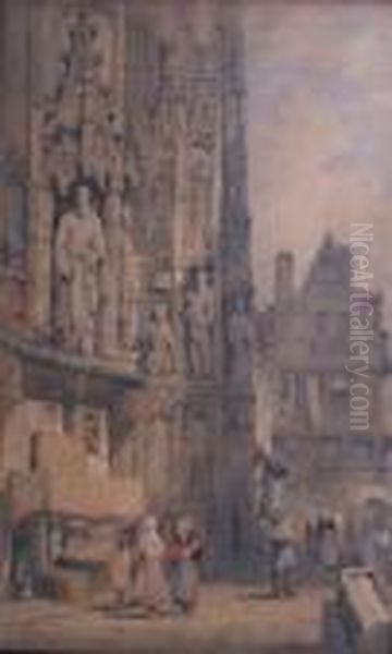 Market At Cathedral Entrance Oil Painting by Samuel Prout