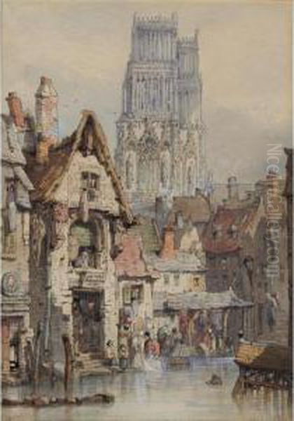 Women Washing Clothes With St.ouen Beyond, Rouen Oil Painting by Samuel Prout