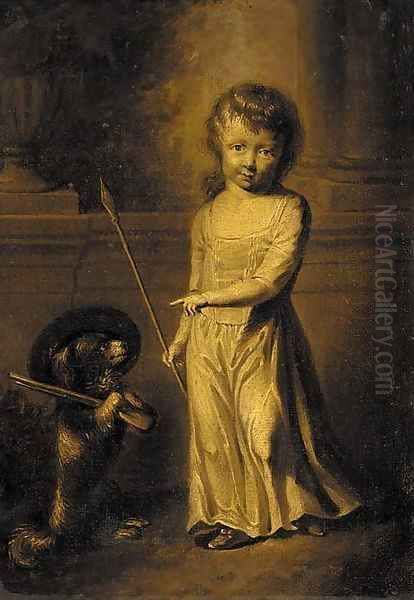 Portrait of a girl, small full-length, in a white dress, holding a spear, a dog by her side Oil Painting by Dance Holland, Nathaniel