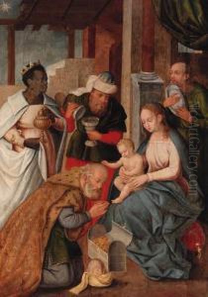 The Adoration Of The Magi; A Bishop Saint With Male Donors - Engriaille, On The Reverse Oil Painting by Jan Provost