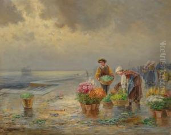 Blumenmarkt Am Hafen Oil Painting by Gustav Prucha