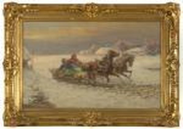 Two Ladies Drawn In A Sled Over Winter Snow Oil Painting by Gustav Prucha