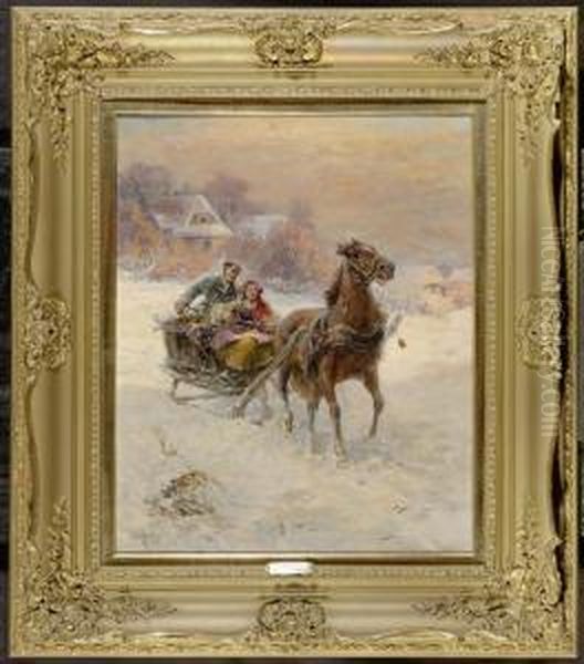 Retour De Marche. A Couple On A Carriage Riding Through The Snow Oil Painting by Gustav Prucha