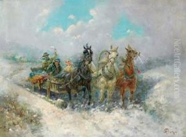 Sleigh Ride Oil Painting by Gustav Prucha