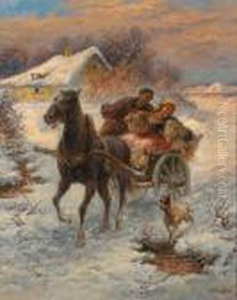 Sleigh Ride Oil Painting by Gustav Prucha