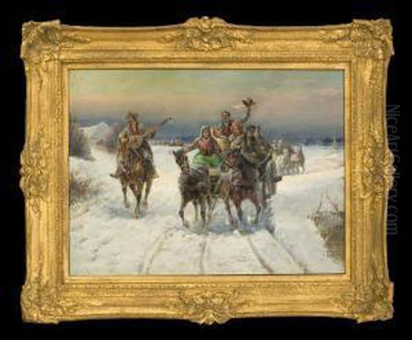 Frohliche Pferdeschlitten-fahrt Oil Painting by Gustav Prucha