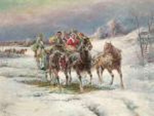 Hilarious Partyin A Troika In Wintry Landscape by Gustav Prucha