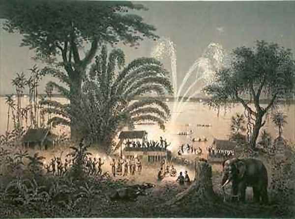 Fireworks on the river at celebrations in Bassac Oil Painting by Louis Delaporte