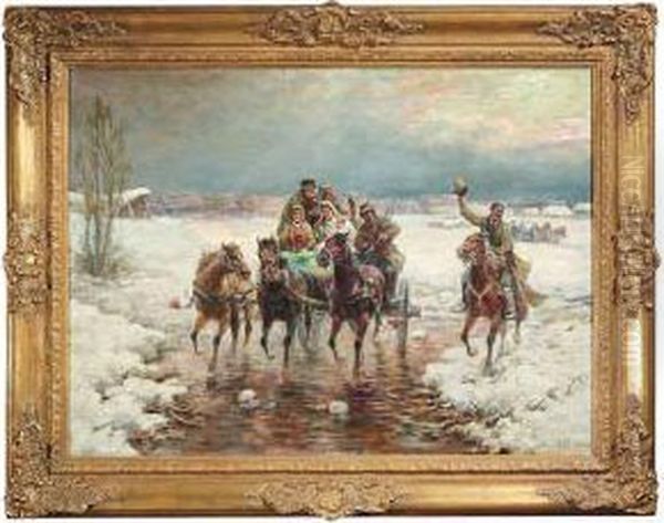 Wintry Landscape With A Small Wedding Party In A Troika by Gustav Prucha