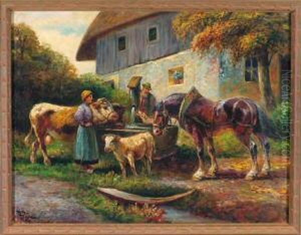 Bauernpaar Mit Einigen Tieren An Der Tranke Vor Einem Bauernhaus by Gustav Prucha