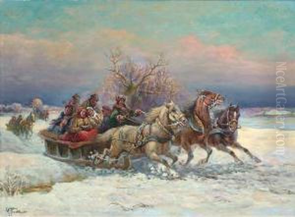 Russian Troika In A Wintry Landscape by Gustav Prucha