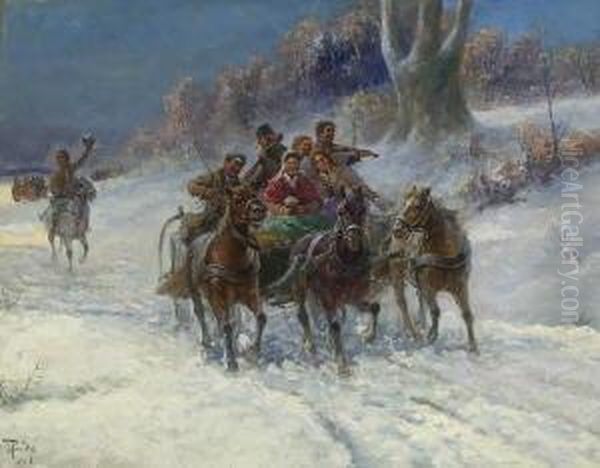 Brautzug In
 Winterlandschaft. by Gustav Prucha