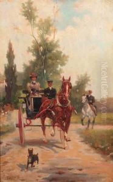 Carriage Ride Through The Park; An Elegant Couple In Acarriage by Gustav Prucha