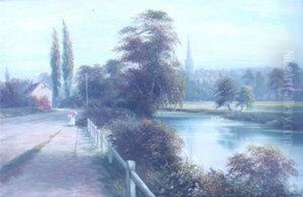 Landscape With Lady Walking Along A Lane By A River With Buildings Beyond Oil Painting by George Willis Pryce