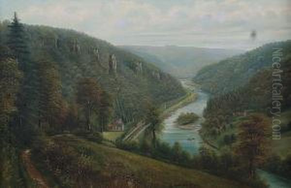 View Of A Wooded River Gorge, With Buildings And Figures In Boats Oil Painting by George Willis Pryce