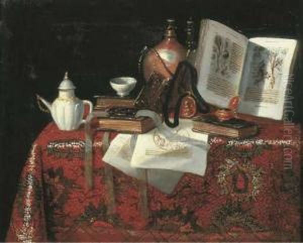 A Jug, A Teapot, A Watch, A Bowl, Books And Documents On A Draped Table Oil Painting by Pseudo Roestraten