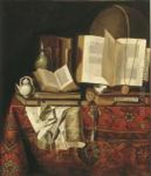 A Silver Jug And A Teapot, A 
Watch, A Golden Chain, A Teapot, Booksand Documents On A Draped Table Oil Painting by Pseudo Roestraten