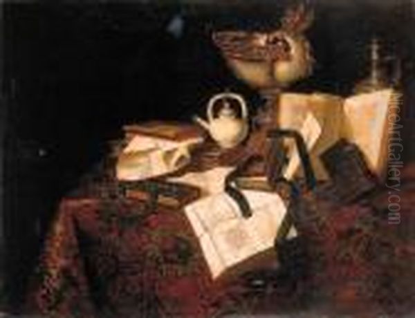 A Vanitas Still Life: A Silver 
Gilt Mounted Nautilus Cup, With Afopwatch, A Silver Jug And A Teapot, 
Books And Documents On Adraped Table Oil Painting by Pseudo Roestraten