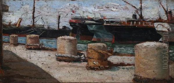 Ships At Dock Oil Painting by Mario Puccini