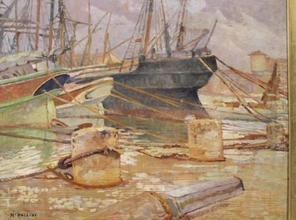 Tartane Nel Porto Di Ivorno Oil Painting by Mario Puccini