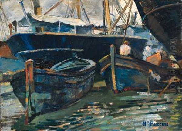 Barconi In Porto Oil Painting by Mario Puccini