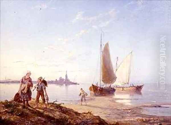 Fishing Boats off the Shore Oil Painting by Pieter Cornelis Dommerson