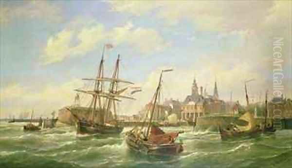 Sailing Vessels off a Dutch Port Oil Painting by Pieter Cornelis Dommerson