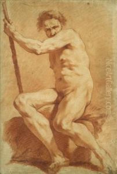 Nude Studyof A Man, Seated On A Rock Holding A Staff Sanguine Oil Painting by Pierre Puget