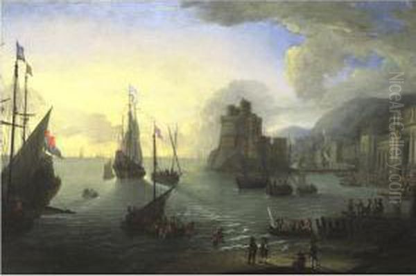 View Of A Southern Port Oil Painting by Pierre Puget