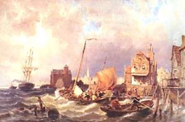 Shipping before a Dutch Harbour Town Oil Painting by Pieter Cornelis Dommerson