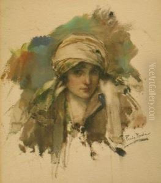 Portrait Of A Woman In A Headdress Oil Painting by Gabriel Puig Roda