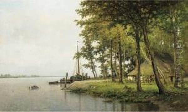 A Peaceful River Landscape With Fishermen Sorting Out Their Nets Ona Jetty Oil Painting by Louis Pulinckx