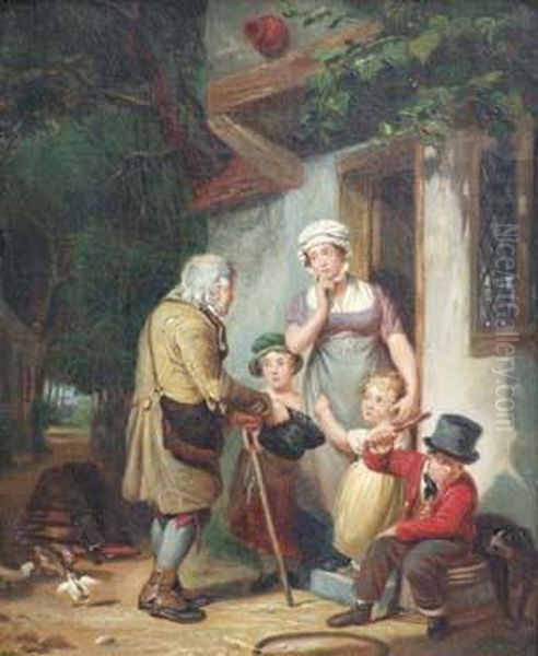 Figures Outside A Cottage, Gallery Label On Verso Oil Painting by John Anthony Puller