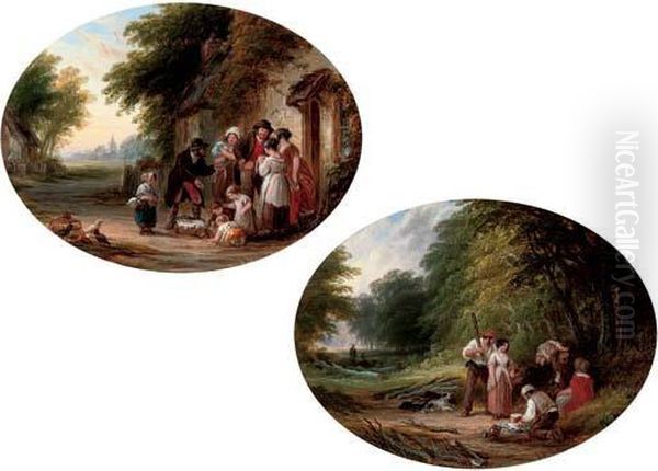 A Travelling Peddler; And A Picnic Oil Painting by John Anthony Puller